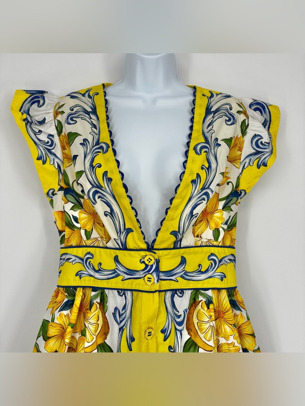 Farm Rio Yellow Mediterranean Sicily Scarf Lemon Tile Dress Medium - Picture 3 of 16